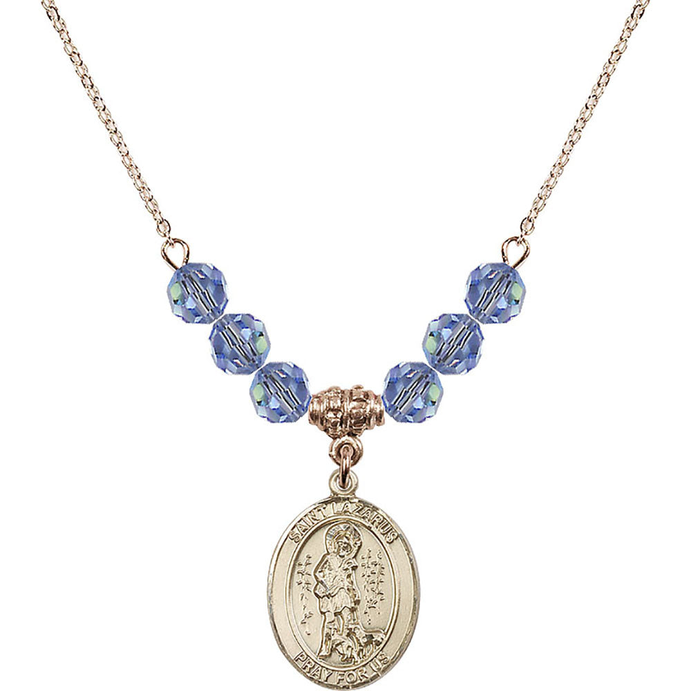 14kt Gold Filled Saint Lazarus Birthstone Necklace with Light Sapphire Beads - 8066