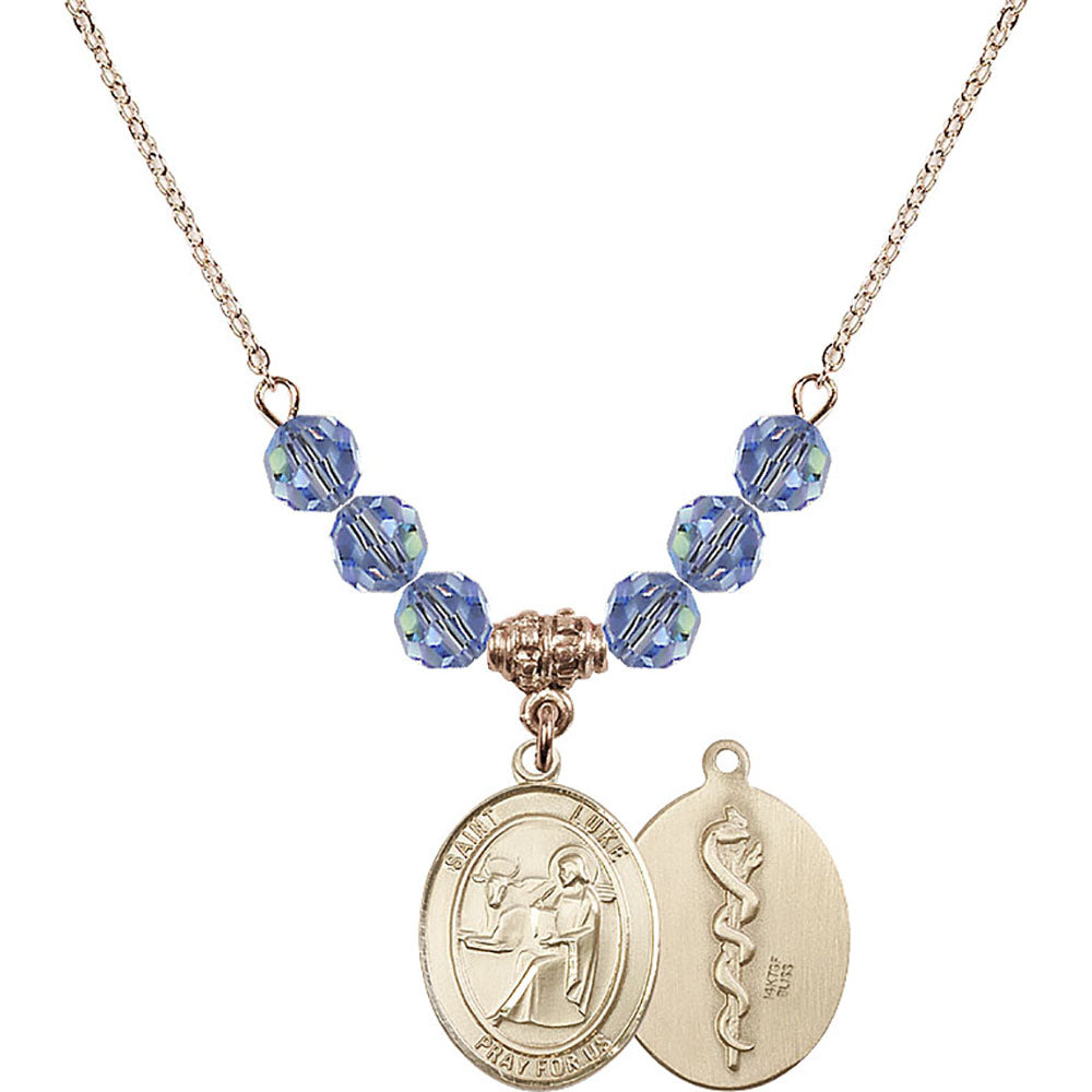 14kt Gold Filled Saint Luke the Apostle / Doctor Birthstone Necklace with Light Sapphire Beads - 8068