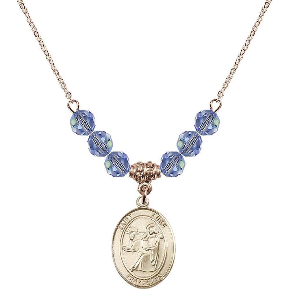 14kt Gold Filled Saint Luke the Apostle Birthstone Necklace with Light Sapphire Beads - 8068