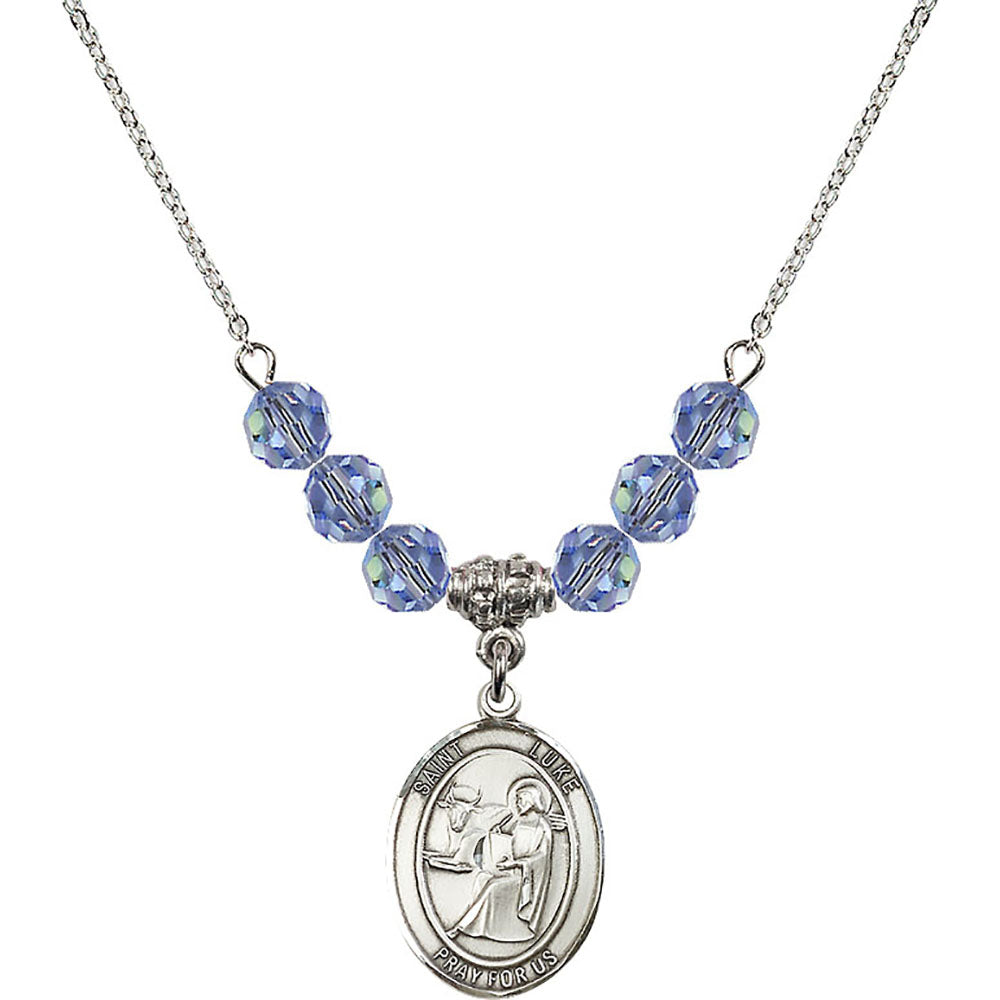 Sterling Silver Saint Luke the Apostle Birthstone Necklace with Light Sapphire Beads - 8068