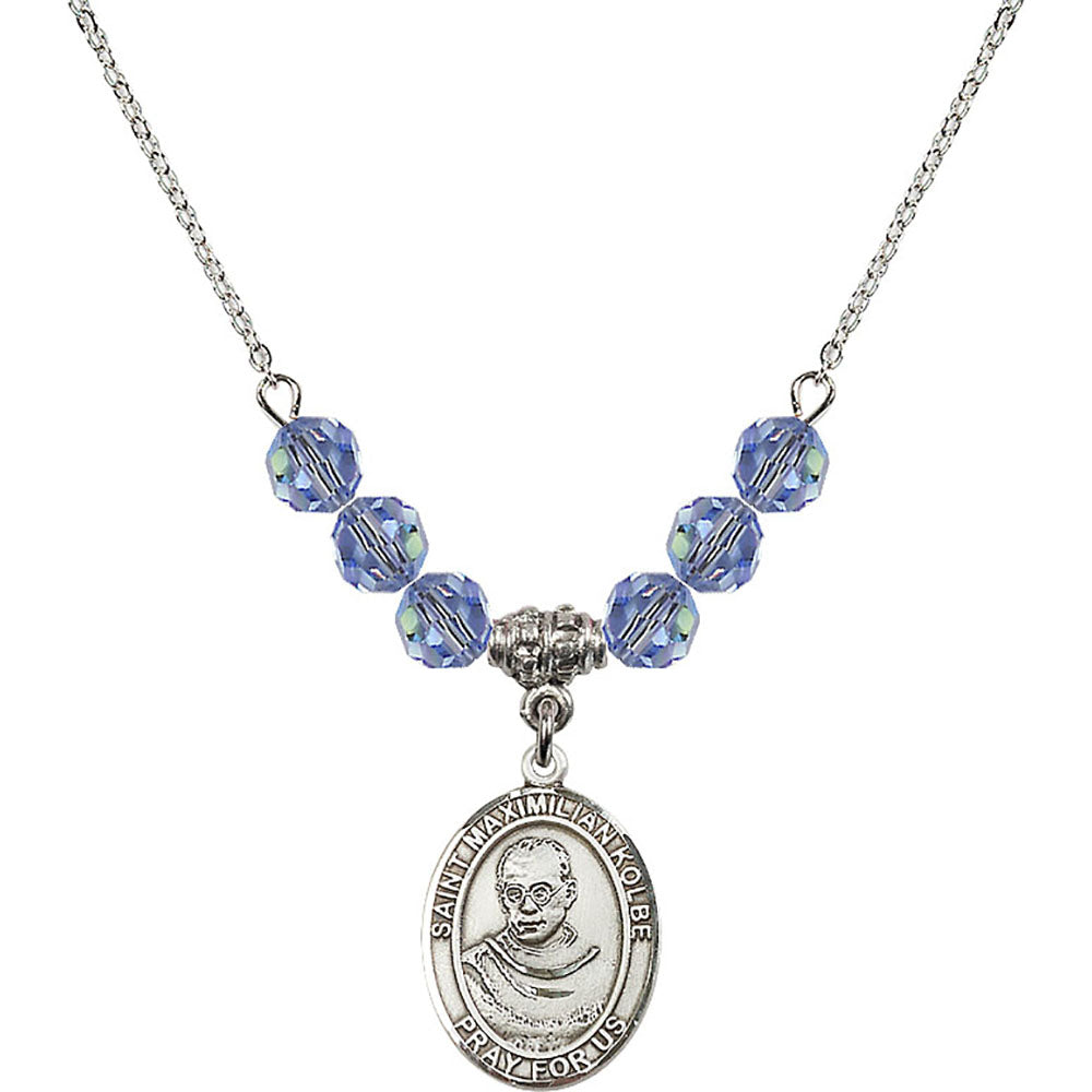 Sterling Silver Saint Maximilian Kolbe Birthstone Necklace with Light Sapphire Beads - 8073