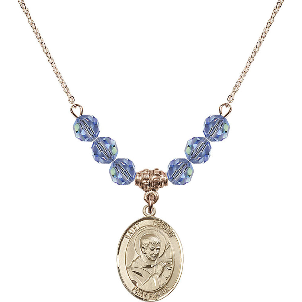 14kt Gold Filled Saint Robert Bellarmine Birthstone Necklace with Light Sapphire Beads - 8096