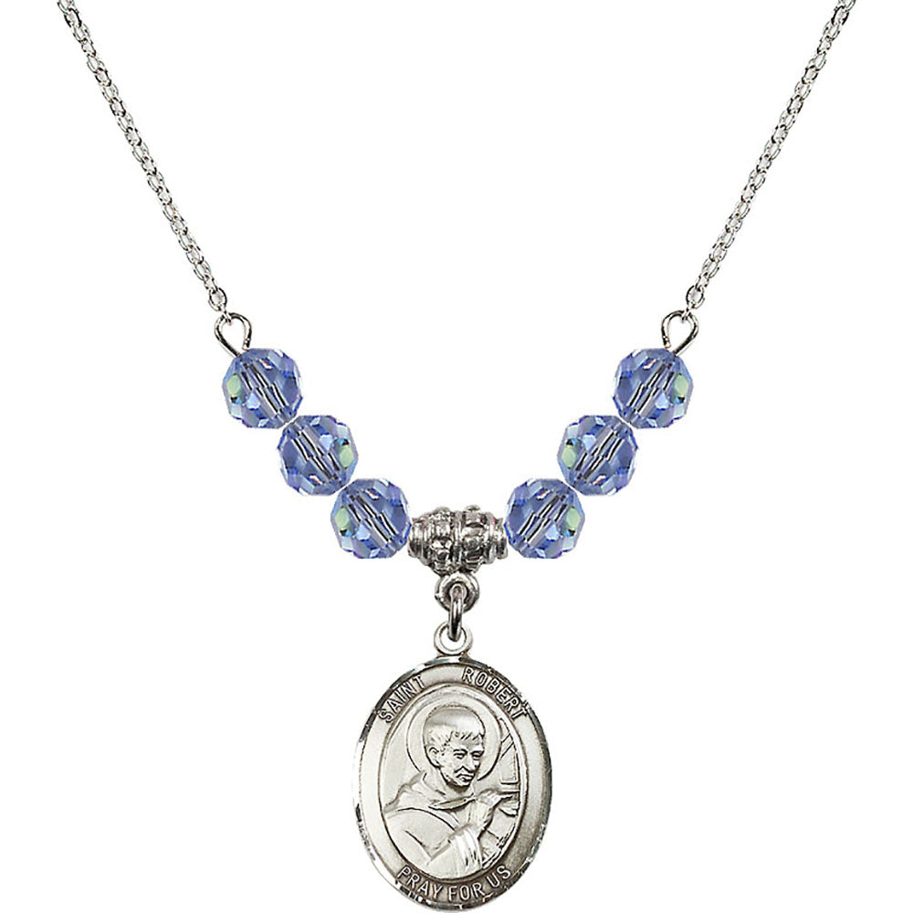 Sterling Silver Saint Robert Bellarmine Birthstone Necklace with Light Sapphire Beads - 8096