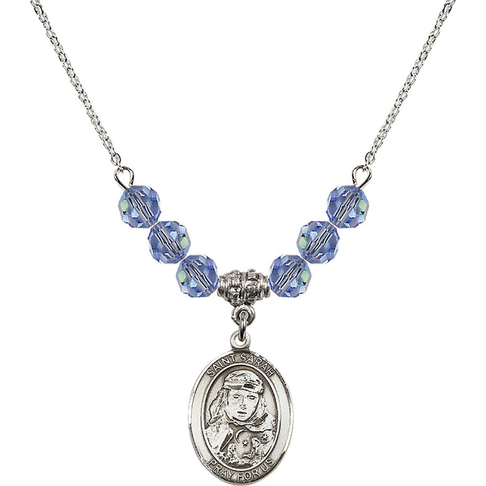 Sterling Silver Saint Sarah Birthstone Necklace with Light Sapphire Beads - 8097