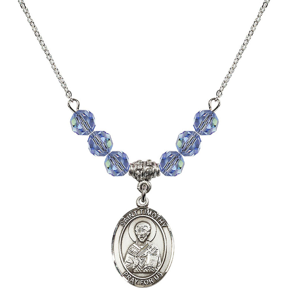 Sterling Silver Saint Timothy Birthstone Necklace with Light Sapphire Beads - 8105