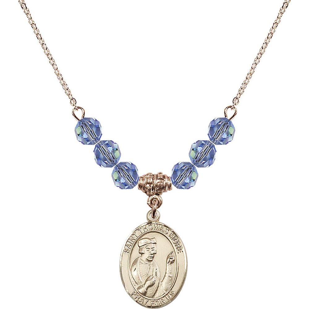 14kt Gold Filled Saint Thomas More Birthstone Necklace with Light Sapphire Beads - 8109