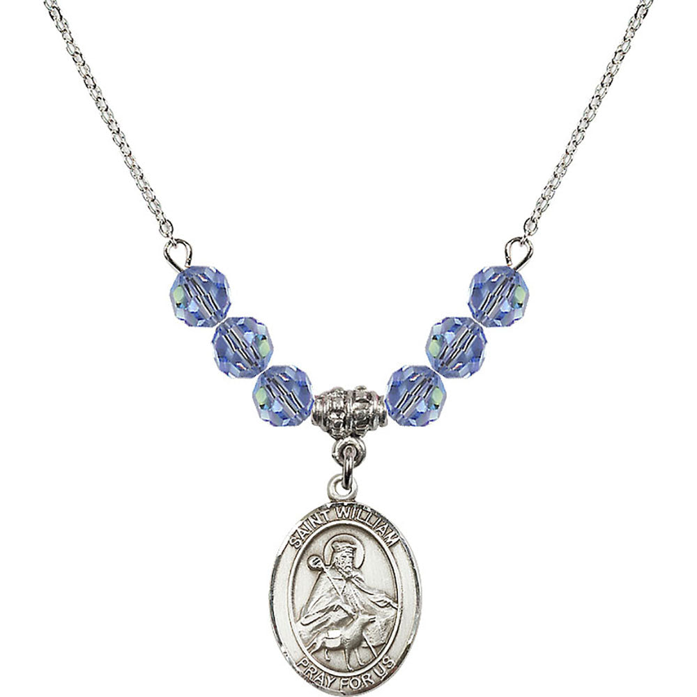 Sterling Silver Saint William of Rochester Birthstone Necklace with Light Sapphire Beads - 8114