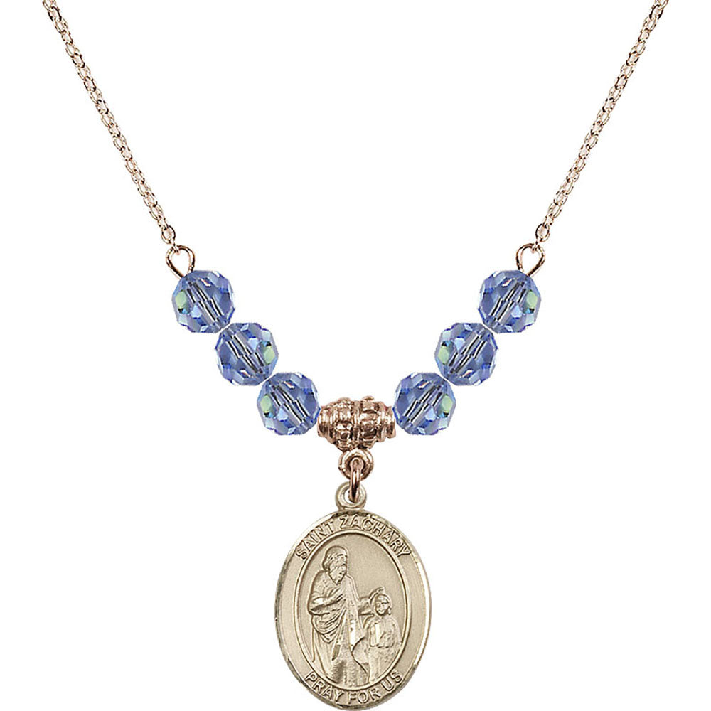 14kt Gold Filled Saint Zachary Birthstone Necklace with Light Sapphire Beads - 8116