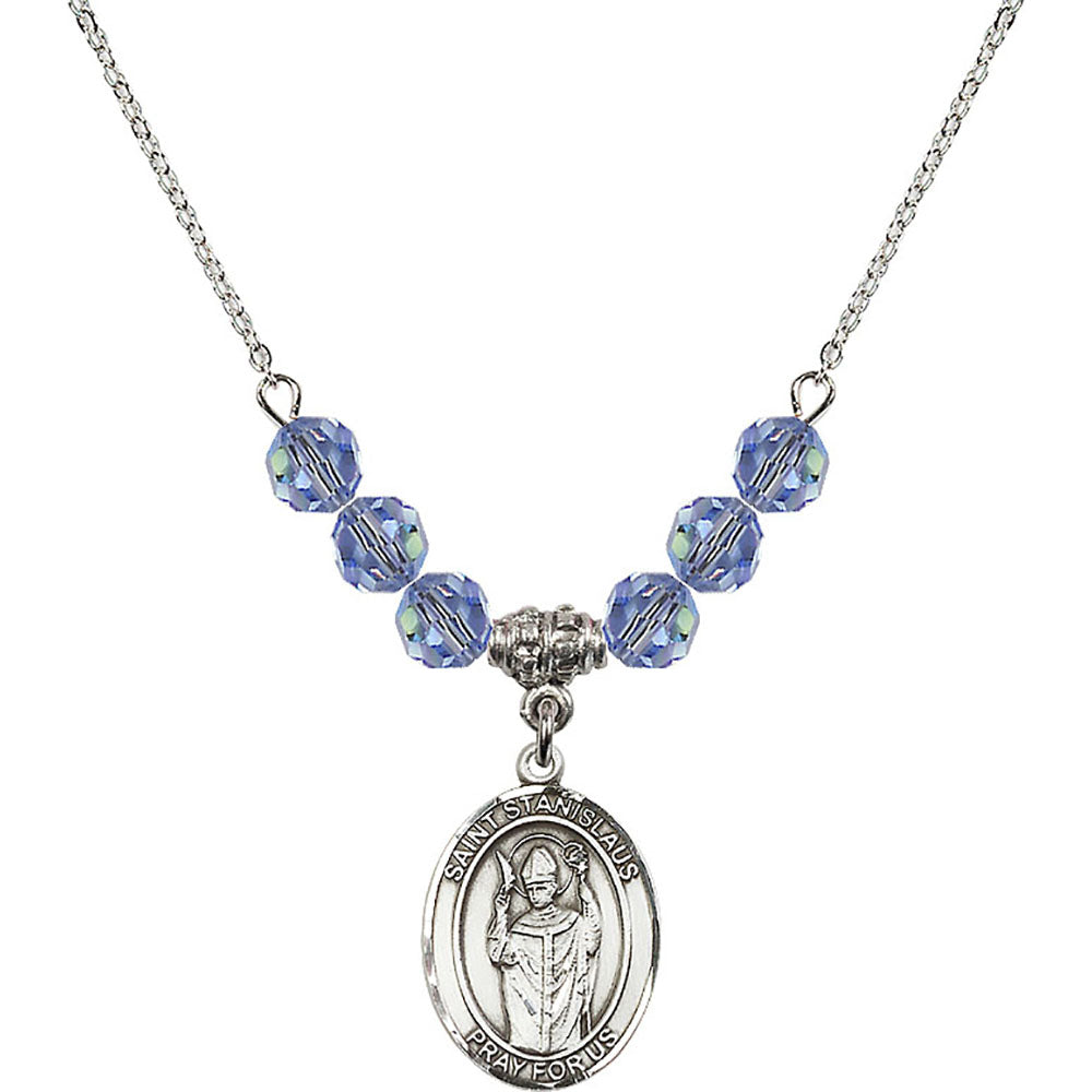 Sterling Silver Saint Stanislaus Birthstone Necklace with Light Sapphire Beads - 8124