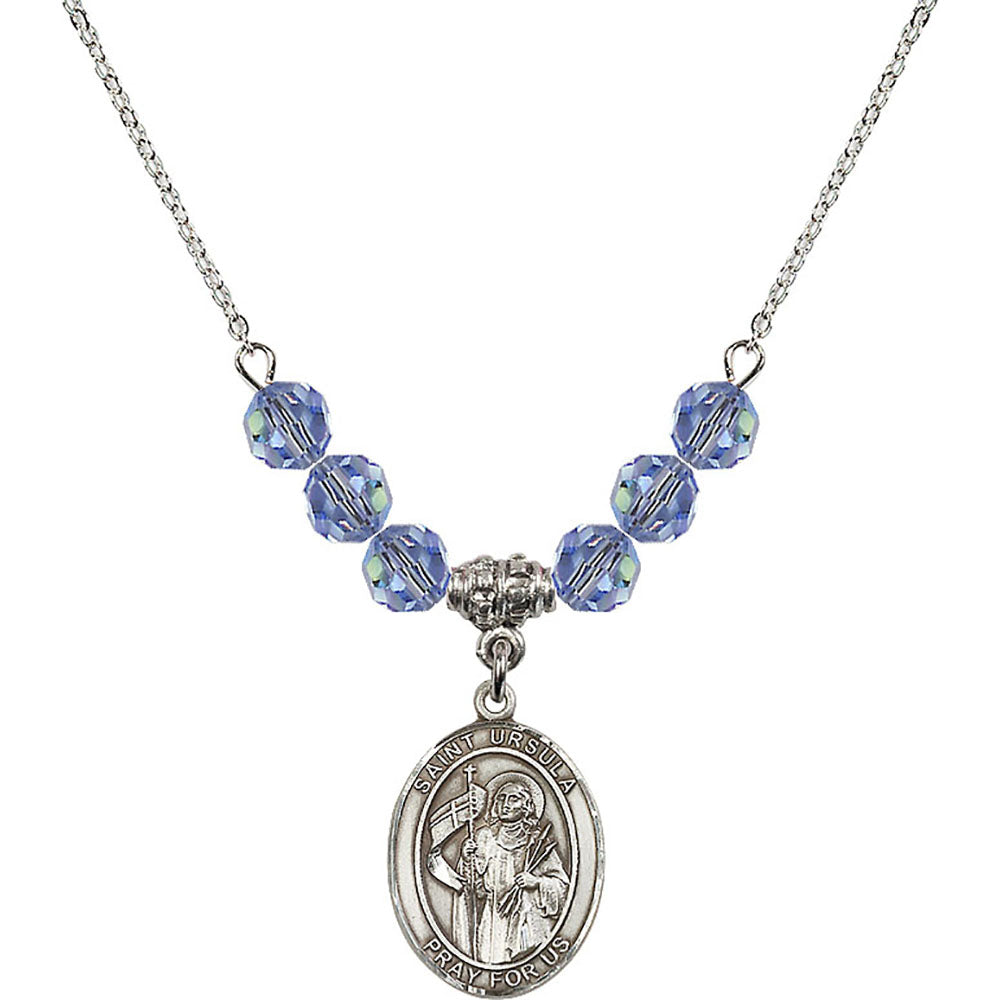 Sterling Silver Saint Ursula Birthstone Necklace with Light Sapphire Beads - 8127