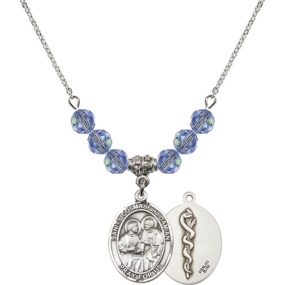Sterling Silver Saints Cosmas & Damian / Doctors Birthstone Necklace with Light Sapphire Beads - 8132