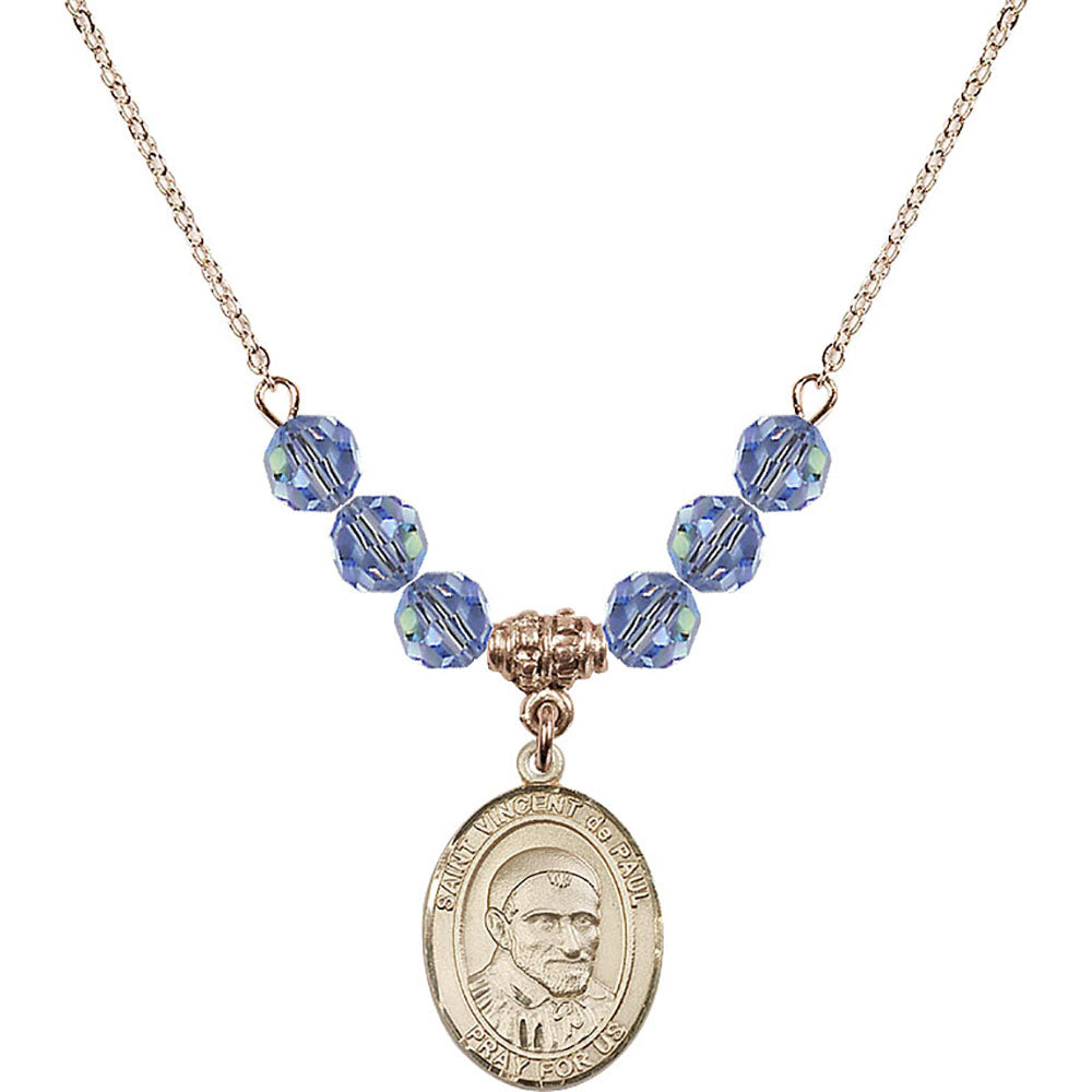 14kt Gold Filled Saint Vincent De Paul Birthstone Necklace with Light Sapphire Beads - 8134