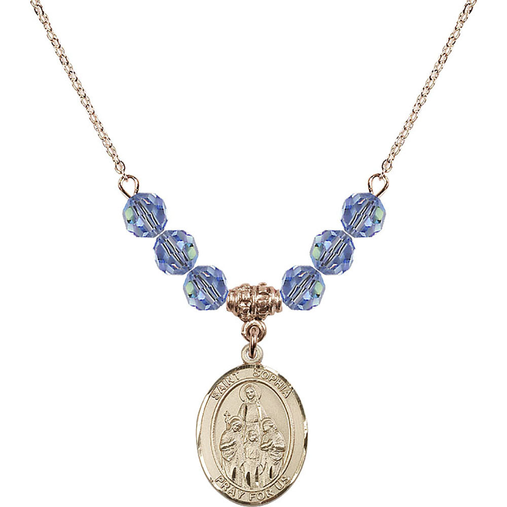 14kt Gold Filled Saint Sophia Birthstone Necklace with Light Sapphire Beads - 8136