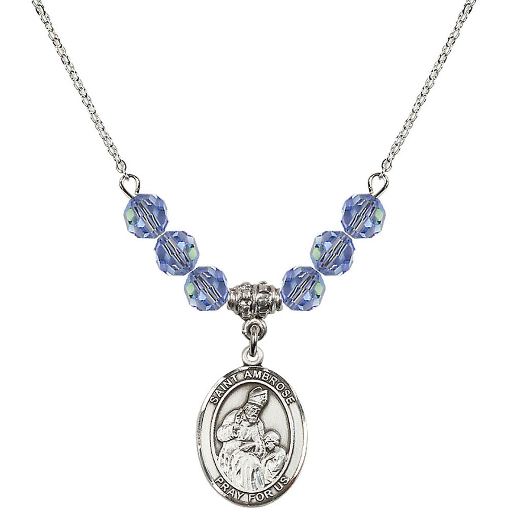 Sterling Silver Saint Ambrose Birthstone Necklace with Light Sapphire Beads - 8137