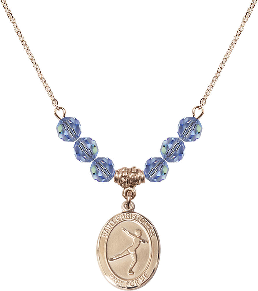 14kt Gold Filled Saint Christopher/Figure Skating Birthstone Necklace with Light Sapphire Beads - 8139