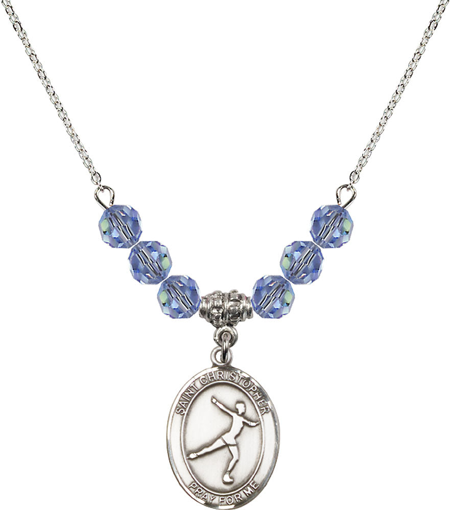 Sterling Silver Saint Christopher/Figure Skating Birthstone Necklace with Light Sapphire Beads - 8139