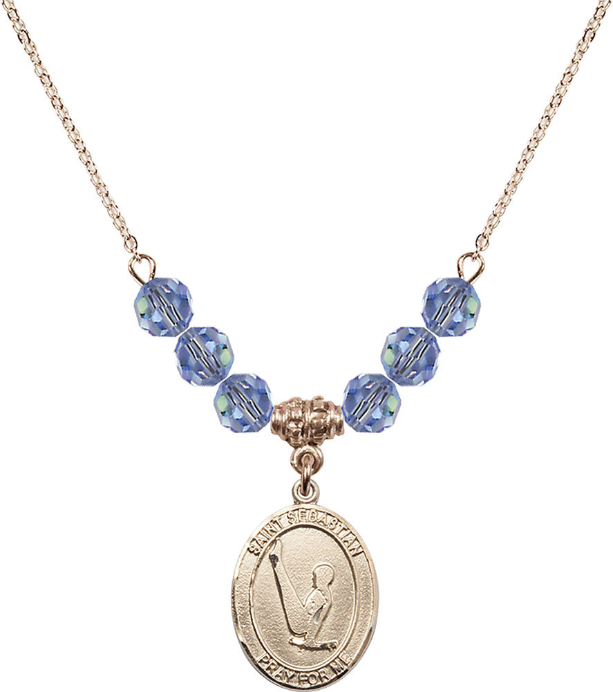 14kt Gold Filled Saint Sebastian/Gymnastics Birthstone Necklace with Light Sapphire Beads - 8172