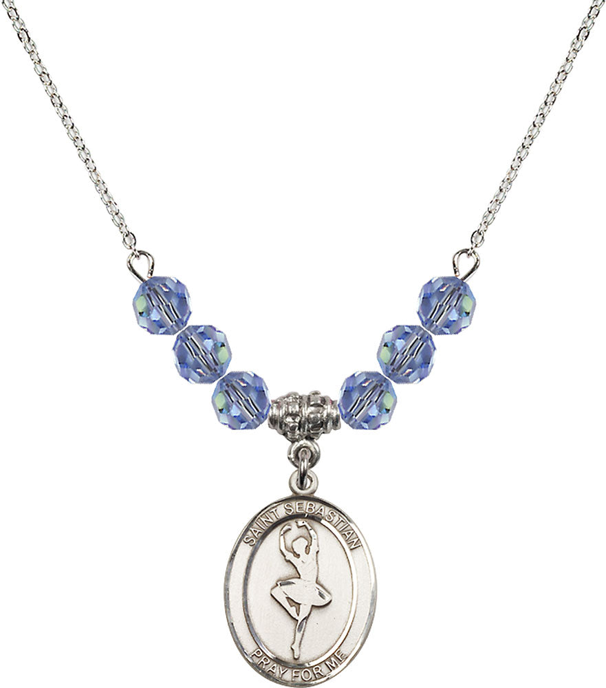 Sterling Silver Saint Sebastian/Dance Birthstone Necklace with Light Sapphire Beads - 8173