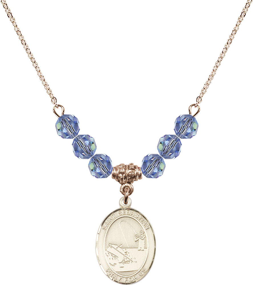 14kt Gold Filled Saint Sebastian / Fishing Birthstone Necklace with Light Sapphire Beads - 8188