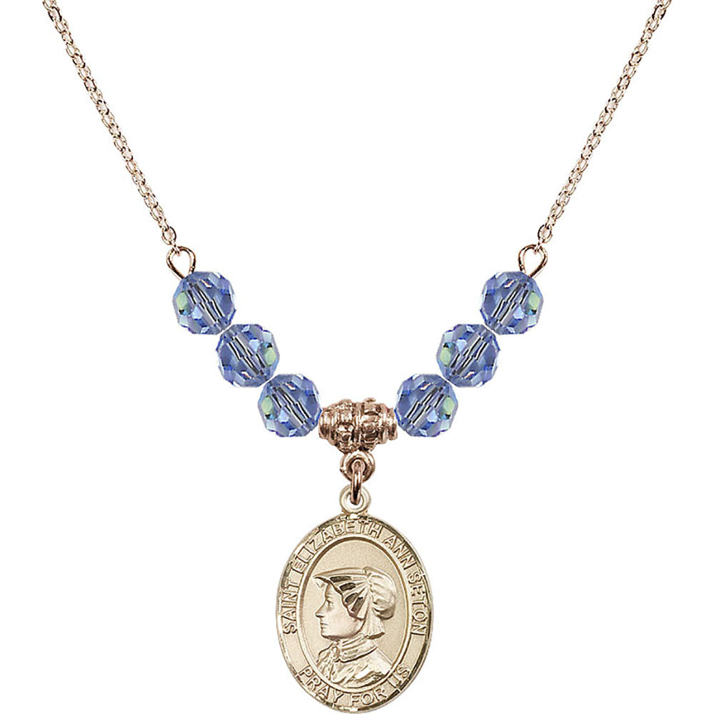 14kt Gold Filled Saint Elizabeth Ann Seton Birthstone Necklace with Light Sapphire Beads - 8224