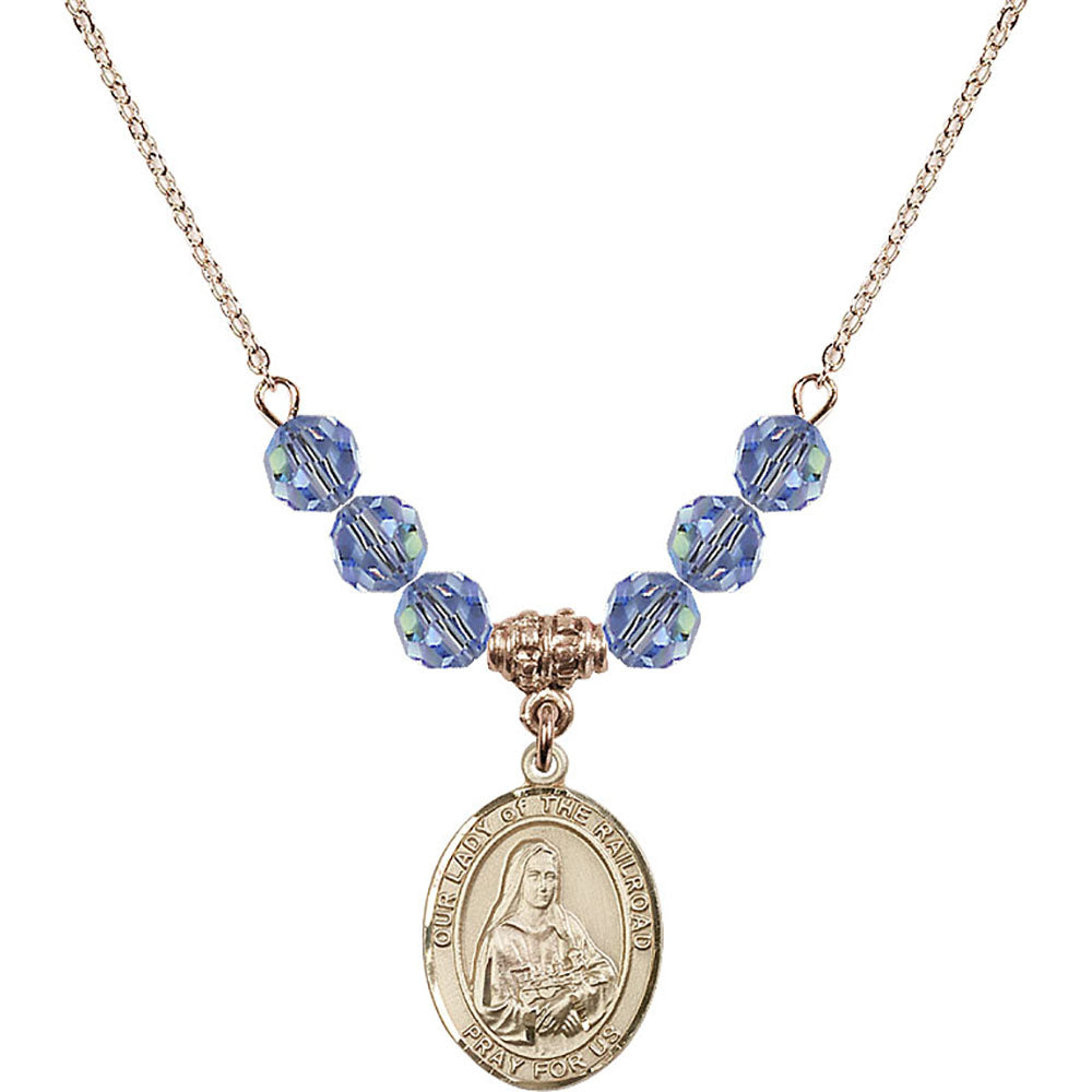 14kt Gold Filled Our Lady of the Railroad Birthstone Necklace with Light Sapphire Beads - 8247