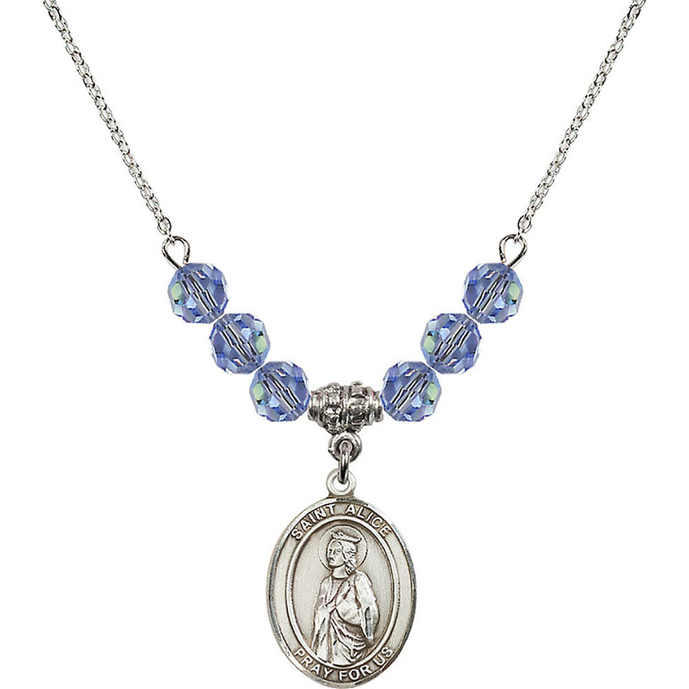 Sterling Silver Saint Alice Birthstone Necklace with Light Sapphire Beads - 8248