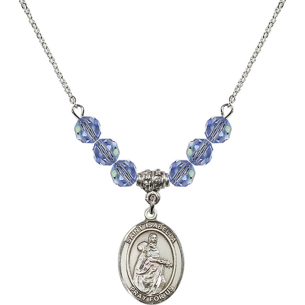 Sterling Silver Saint Isabella of Portugal Birthstone Necklace with Light Sapphire Beads - 8250
