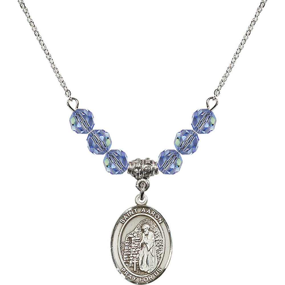 Sterling Silver Saint Aaron Birthstone Necklace with Light Sapphire Beads - 8254