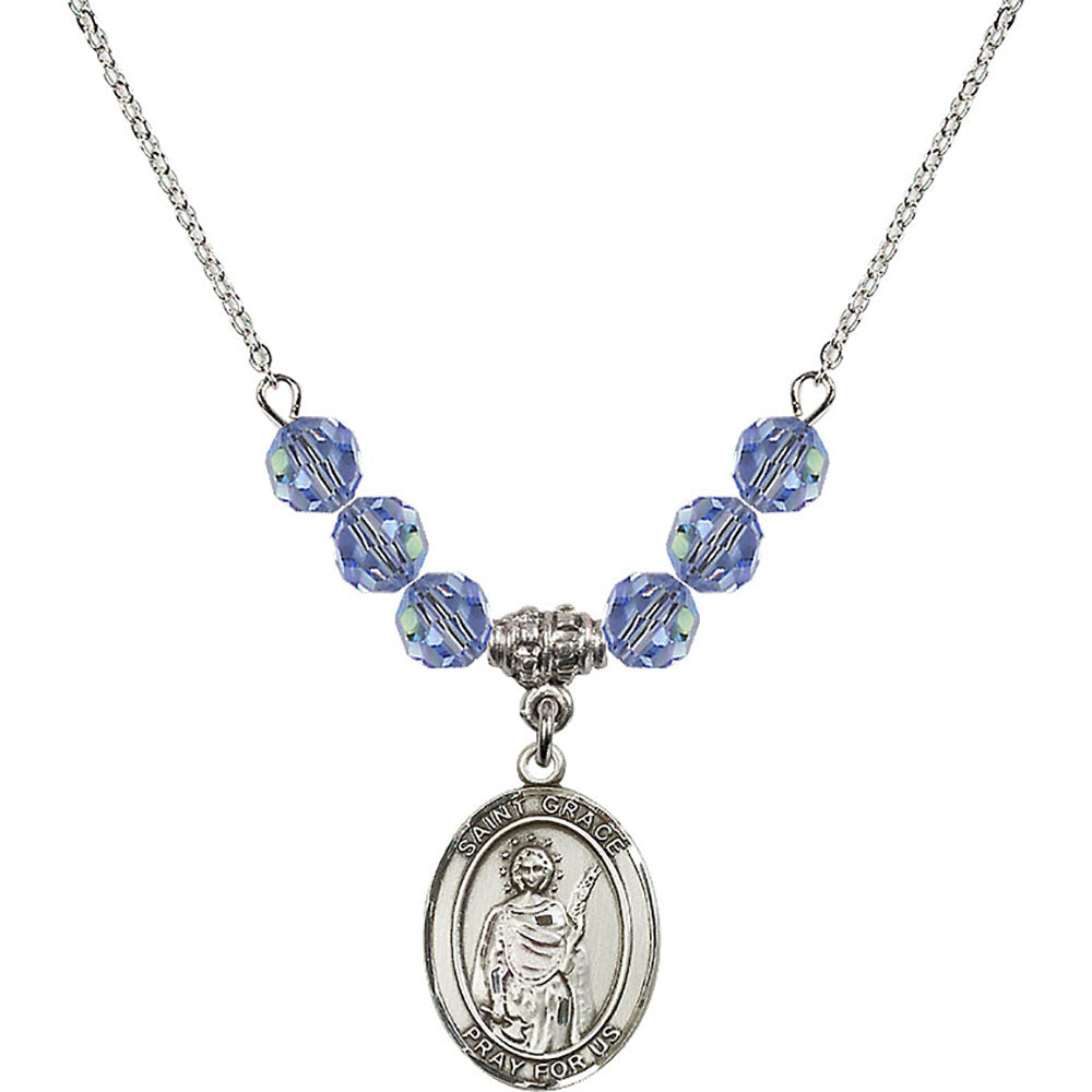 Sterling Silver Saint Grace Birthstone Necklace with Light Sapphire Beads - 8255