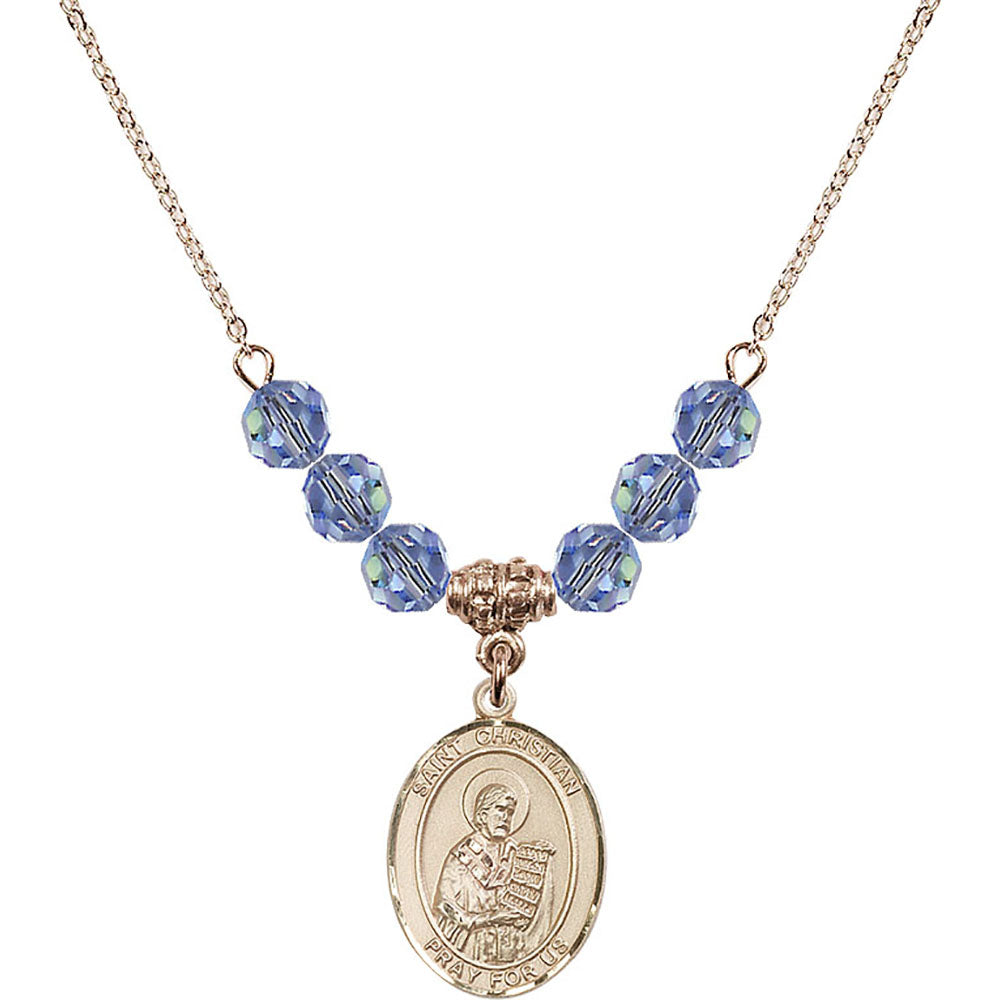 14kt Gold Filled Saint Christian Demosthenes Birthstone Necklace with Light Sapphire Beads - 8257