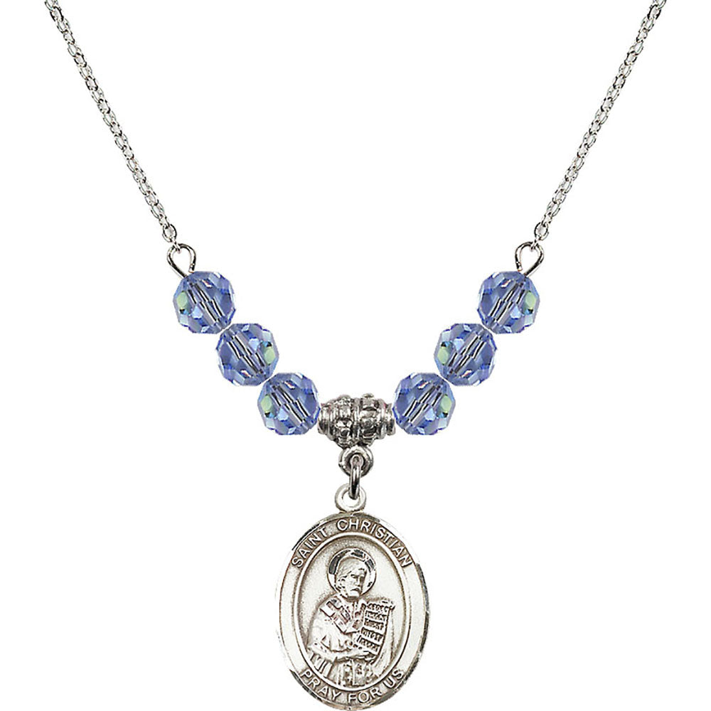 Sterling Silver Saint Christian Demosthenes Birthstone Necklace with Light Sapphire Beads - 8257