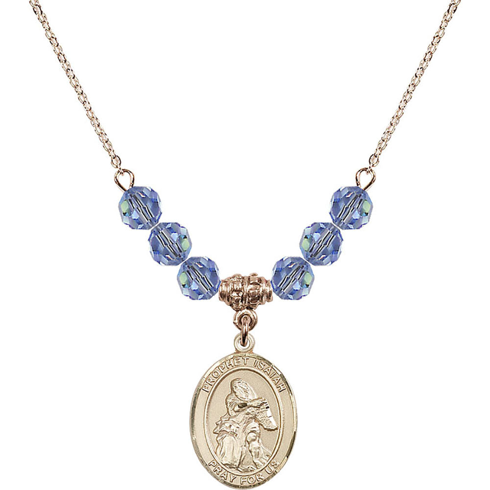 14kt Gold Filled Saint Isaiah Birthstone Necklace with Light Sapphire Beads - 8258