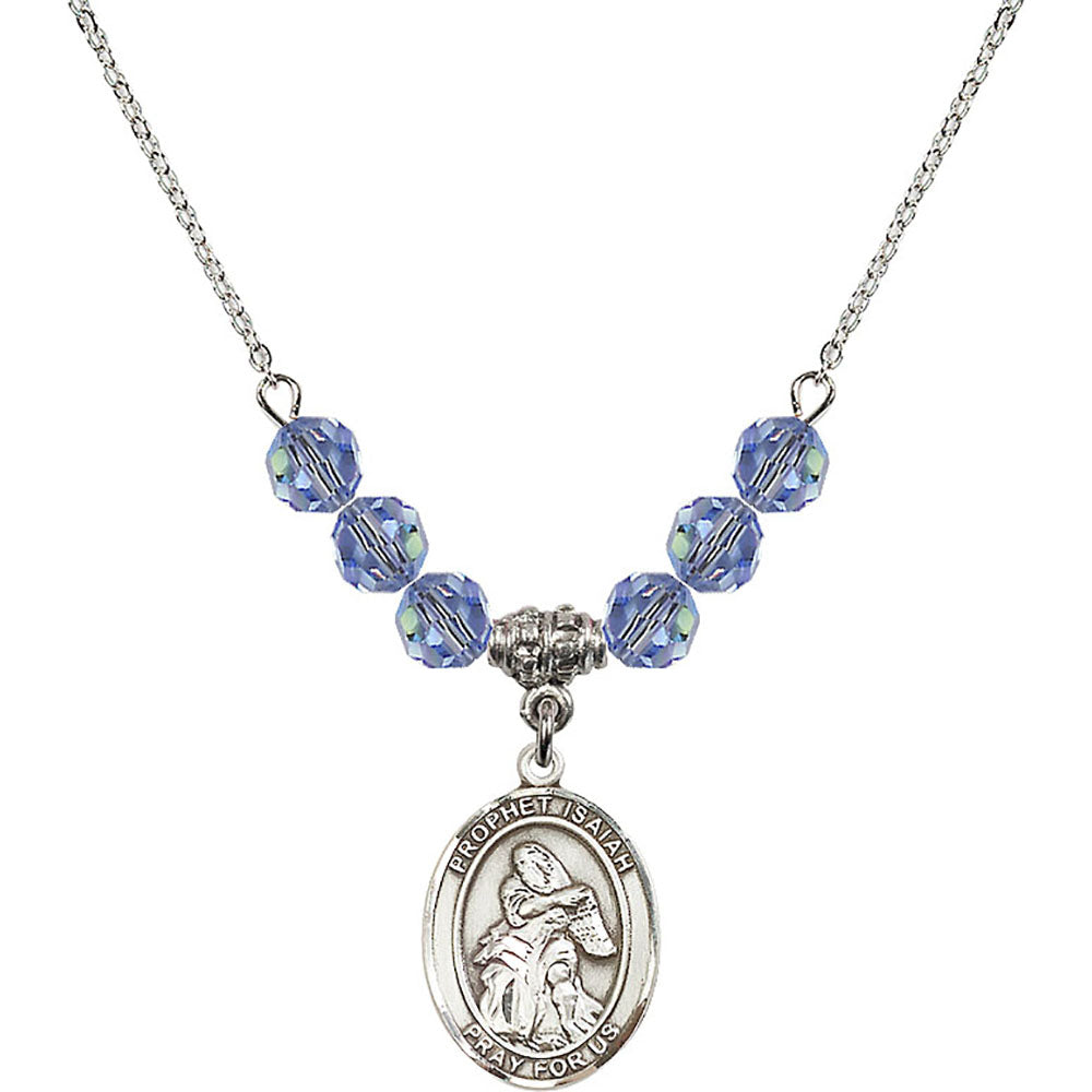 Sterling Silver Saint Isaiah Birthstone Necklace with Light Sapphire Beads - 8258