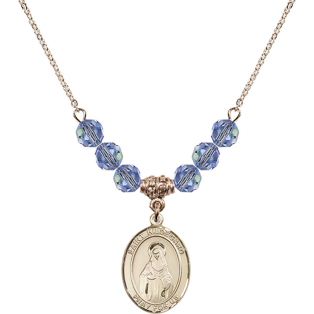 14kt Gold Filled Saint Hildegard von Bingen Birthstone Necklace with Light Sapphire Beads - 8260