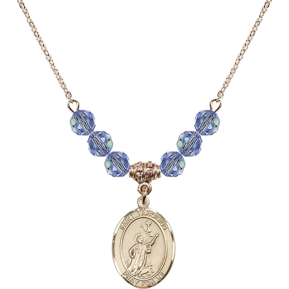 14kt Gold Filled Saint Tarcisius Birthstone Necklace with Light Sapphire Beads - 8261