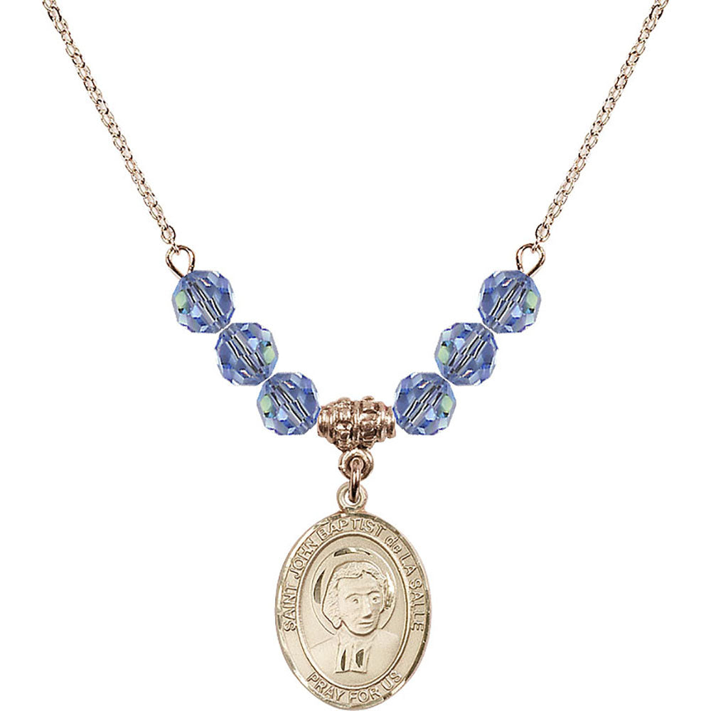 14kt Gold Filled Saint John Baptist de la Salle Birthstone Necklace with Light Sapphire Beads - 8262