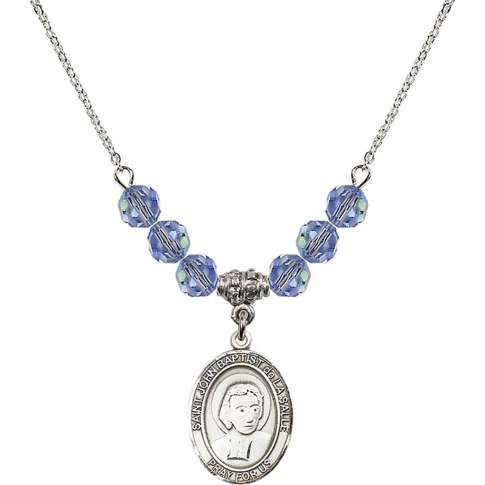 Sterling Silver Saint John Baptist de la Salle Birthstone Necklace with Light Sapphire Beads - 8262
