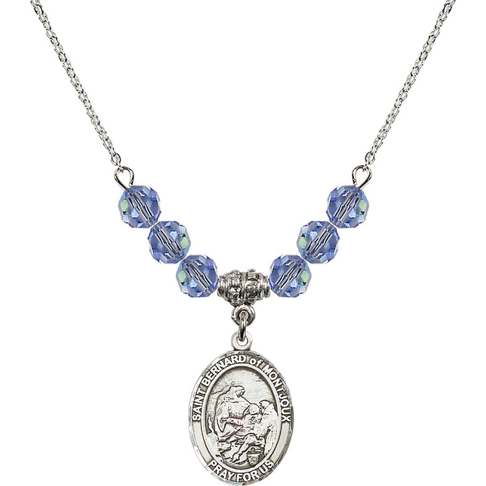 Sterling Silver Saint Bernard of Montjoux Birthstone Necklace with Light Sapphire Beads - 8264