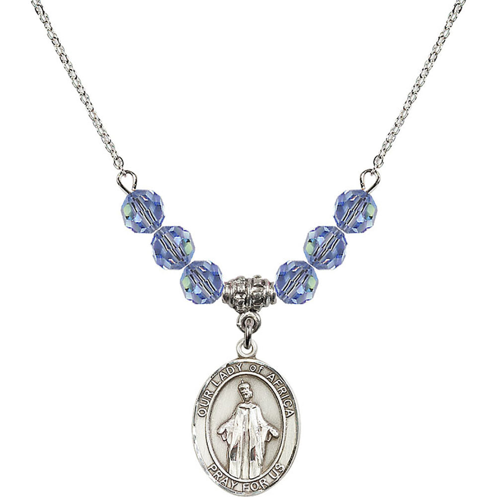 Sterling Silver Our Lady of Africa Birthstone Necklace with Light Sapphire Beads - 8269