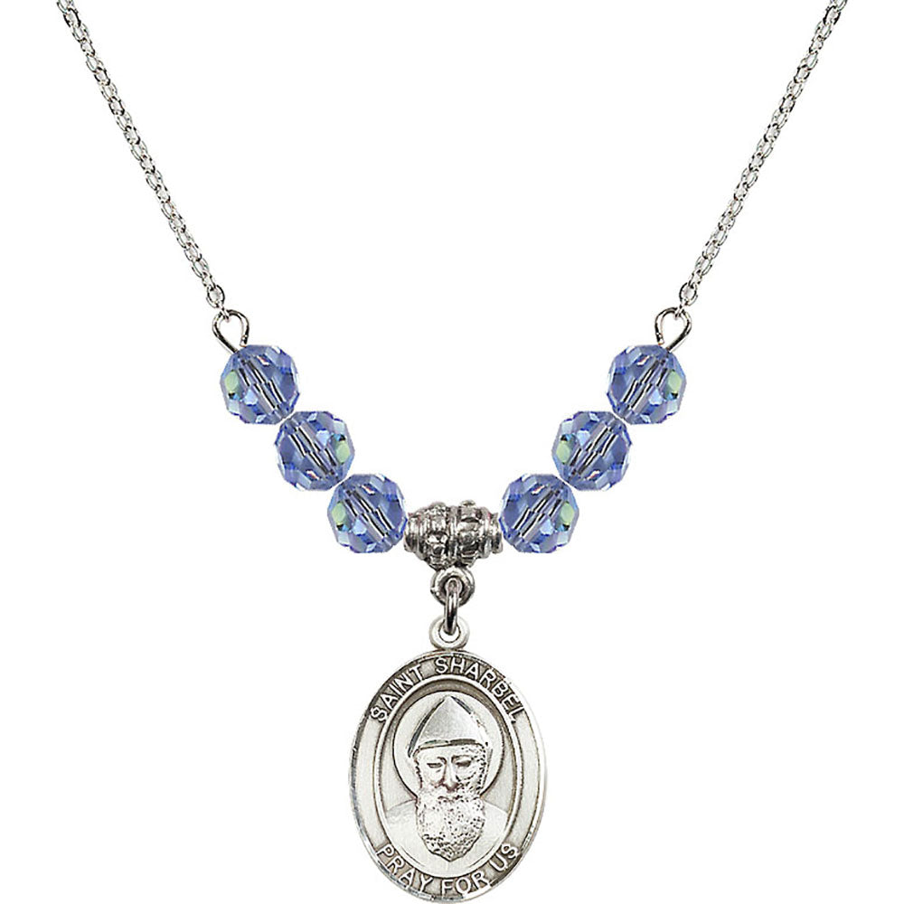 Sterling Silver Saint Sharbel Birthstone Necklace with Light Sapphire Beads - 8271