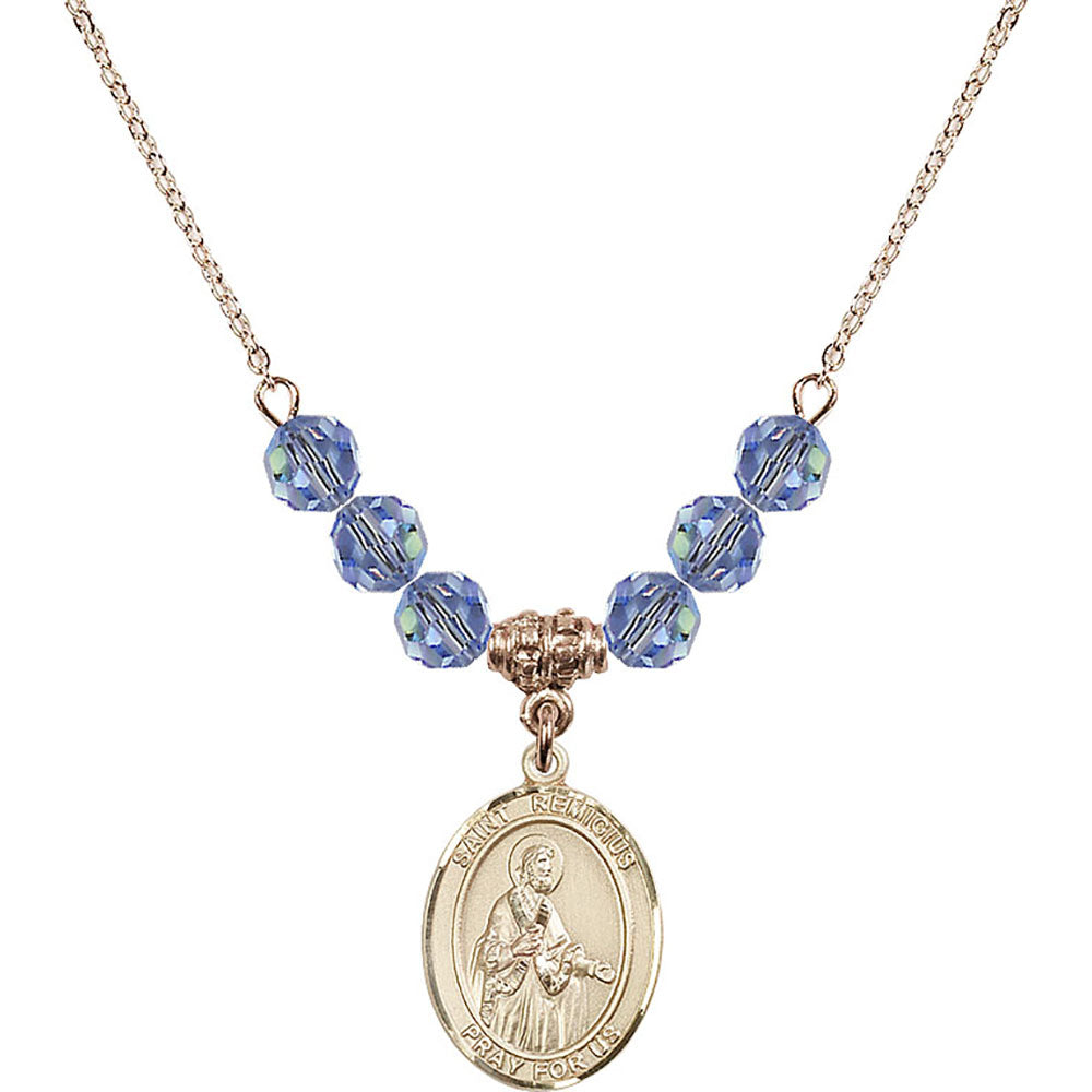 14kt Gold Filled Saint Remigius of Reims Birthstone Necklace with Light Sapphire Beads - 8274