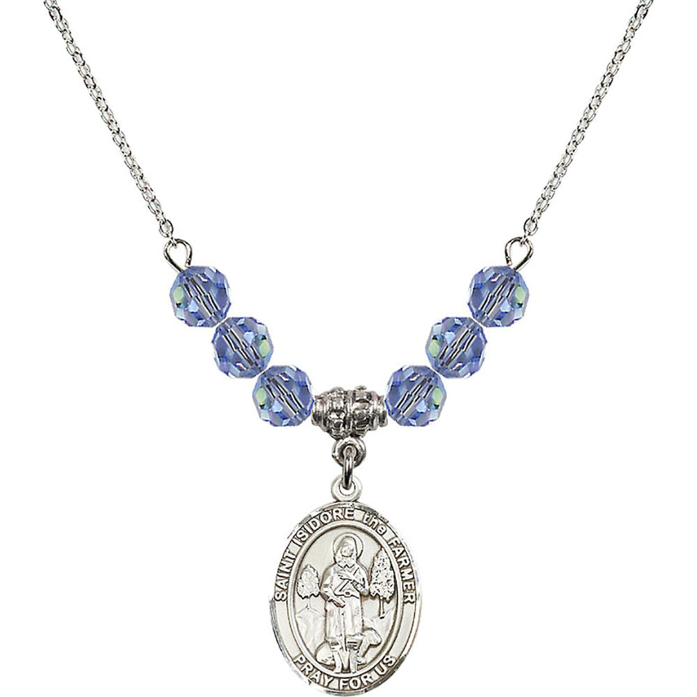 Sterling Silver Saint Isidore the Farmer Birthstone Necklace with Light Sapphire Beads - 8276