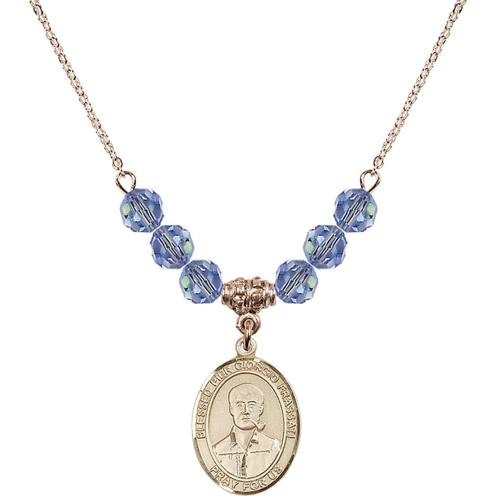 14kt Gold Filled Blessed Pier Giorgio Frassati Birthstone Necklace with Light Sapphire Beads - 8278