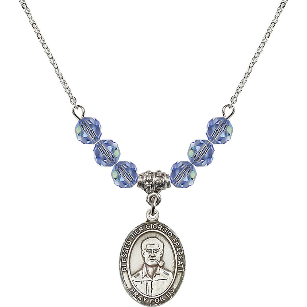 Sterling Silver Blessed Pier Giorgio Frassati Birthstone Necklace with Light Sapphire Beads - 8278