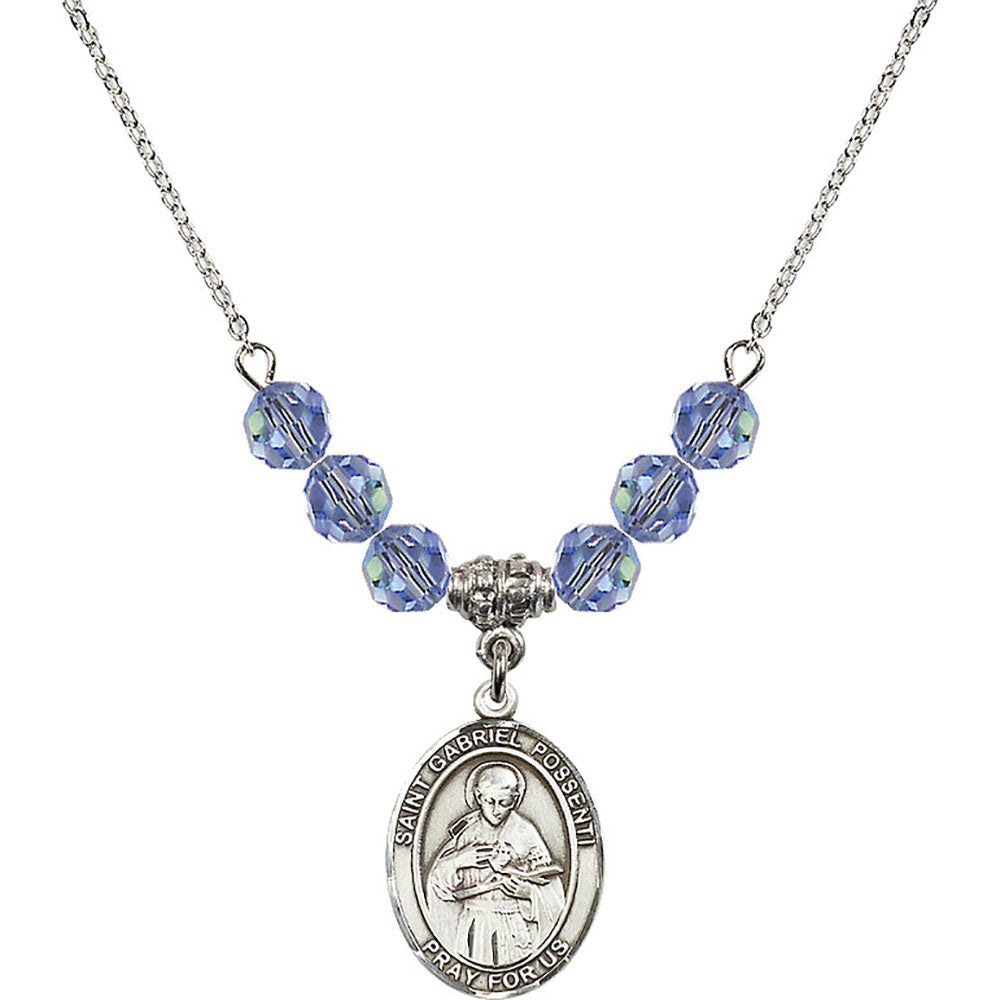 Sterling Silver Saint Gabriel Possenti Birthstone Necklace with Light Sapphire Beads - 8279