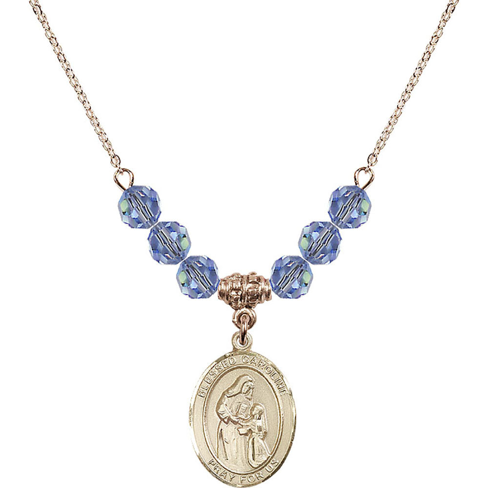 14kt Gold Filled Blessed Caroline Gerhardinger Birthstone Necklace with Light Sapphire Beads - 8281