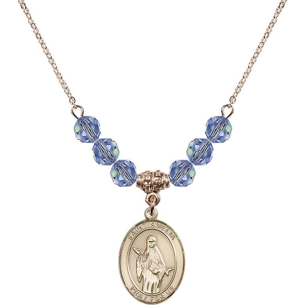 14kt Gold Filled Saint Amelia Birthstone Necklace with Light Sapphire Beads - 8313