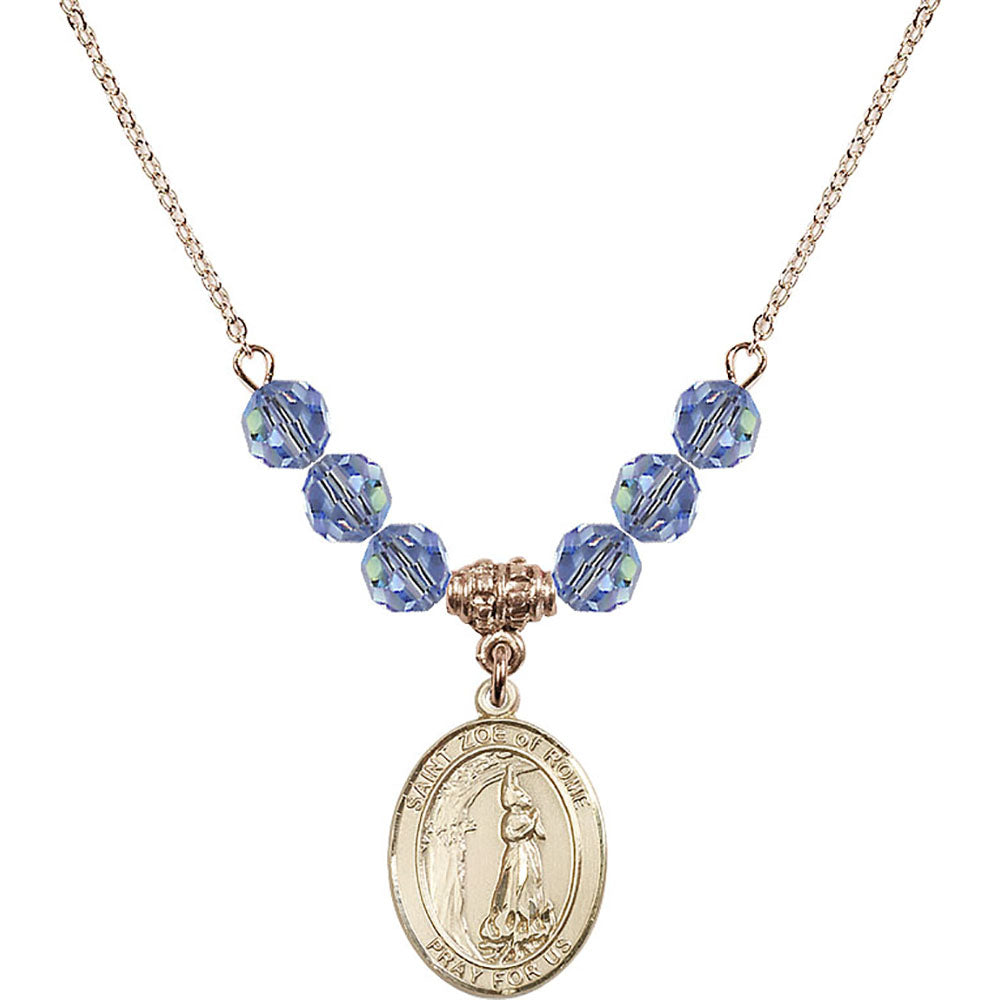 14kt Gold Filled Saint Zoe of Rome Birthstone Necklace with Light Sapphire Beads - 8314