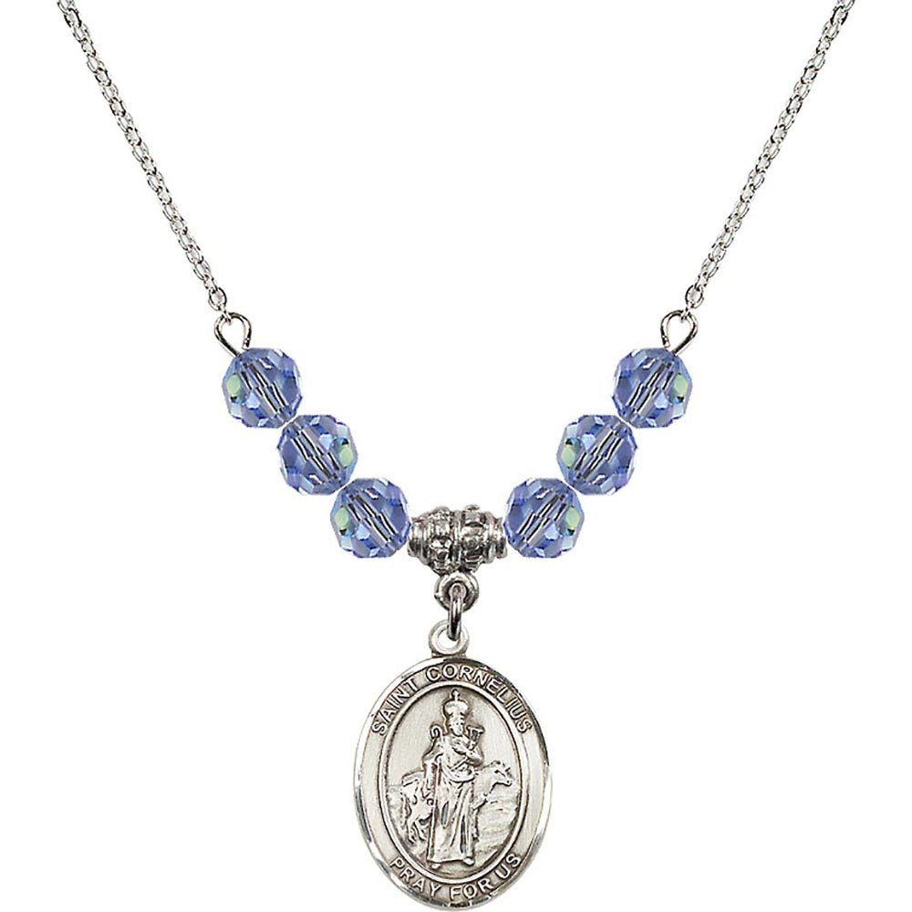Sterling Silver Saint Cornelius Birthstone Necklace with Light Sapphire Beads - 8325