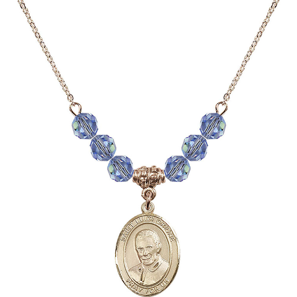 14kt Gold Filled Saint Luigi Orione Birthstone Necklace with Light Sapphire Beads - 8326